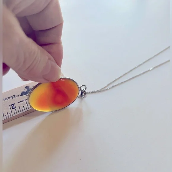 14K White Gold Chain Amber Agate Pendant Necklace 925 Silver - Picture 8 of 15